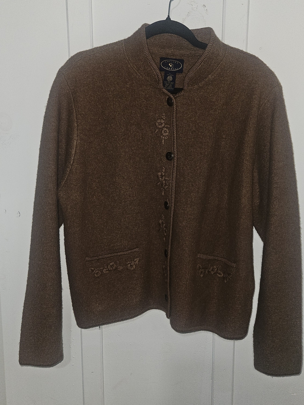 Chelsea Gambert Embroidered Wool Cardigan in Brown
